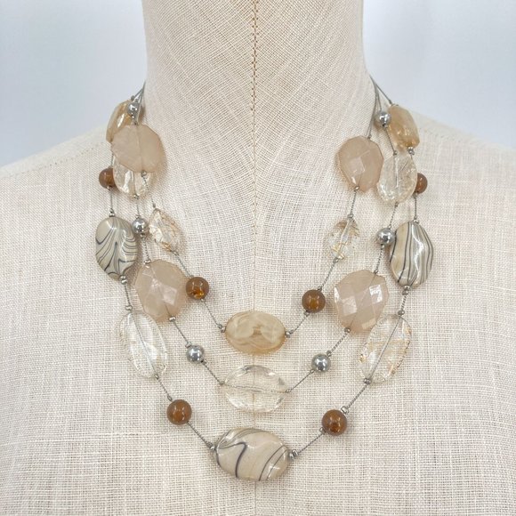 Clear and Brown Plastic and Metal Three Tier Beaded Necklace Y2K Signed NY - Picture 5 of 5